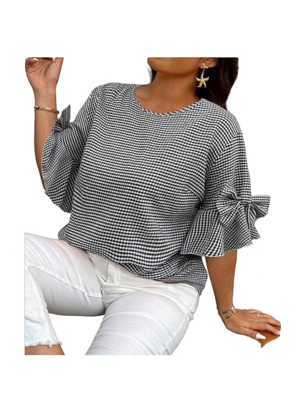 SHEIN Gingham Ruffle Sleeve Blouse M B/W